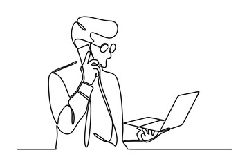 Continuous line drawing of businessman working on laptop and talking on phone. Vector illustration