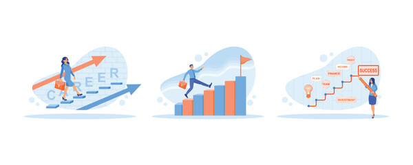 Climb the stairs while carrying a briefcase. Man climbs the chart ladder. Concept of development, growth and career success. Career Development Concept. set flat vector modern illustration 