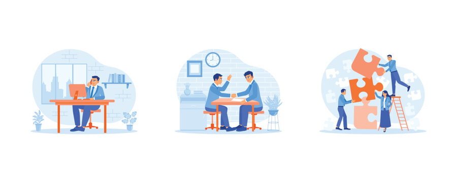 Employee Making concept. A businessman is making a call with a client and congratulating new partners. Discuss and create new business work projects. set flat vector modern illustration