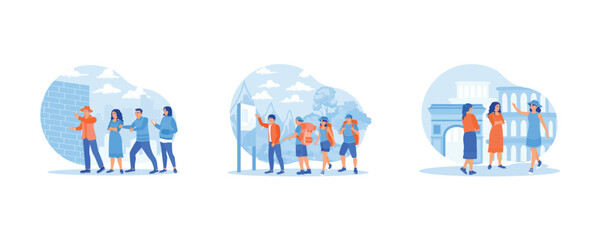 Tourist Guide concept. The tour guide explains the history of a building. Tourists gather around the tour guide. Tourists go on tour. set flat vector modern illustration 