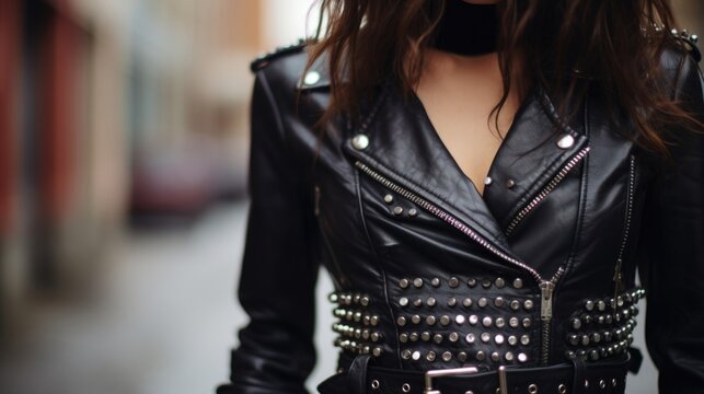 Closeup of a fringetrimmed leather jacket and edgy studded belt on a trendy fashionista, adding an element of rebelliousness to their street style look.