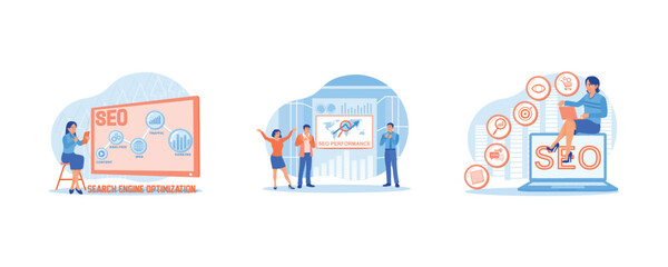 Obraz premium SEO concept. Using digital tablets to market products. Businessman using SEO performance on LCD screen. Digital marketing strategy. set flat vector modern illustration 