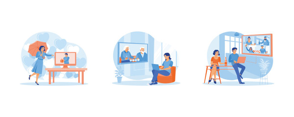  Virtual Relationships concept. Long-distance call with a partner. Call parents. Party via video call. set flat vector modern illustration 