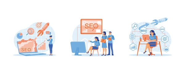 SEO concept. Startup project, successful business. Marketing team meeting in office. We are optimizing SEO Search Engine Optimization. set flat vector modern illustration 