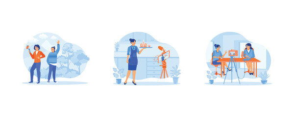Content Creator concept. Two Vloggers make a video while on vacation. A young female vlogger is making cakes in the kitchen. Recording vlogs using a digital camera. Flat vector illustration.
