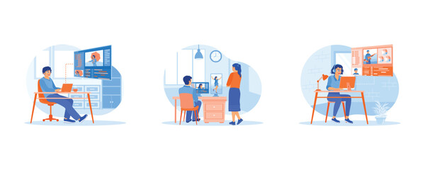 Obraz premium Video Editor concept. Film post-production. Editing video recordings using a computer with two screens. Female video editor using headphones. Flat vector illustration.