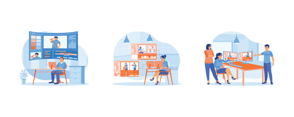 Video Editor concept. Video editor working in a relaxed office, editing a musician's recording, and working together on a film recording project in the office. Flat vector illustration.