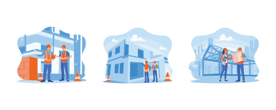 Experts inspect commercial building construction sites concept. Two structural engineers inspect a commercial building construction site. Engineer using a laptop to check building design. 