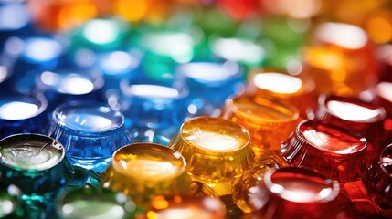 Closeup of a collection of plastic bottle caps being melted and molded into a unique piece of jewelry or artwork. - obrazy, fototapety, plakaty