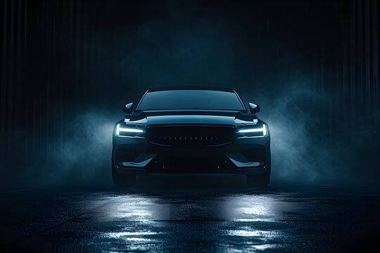  front view of a modern car with lights on in a black space with fog