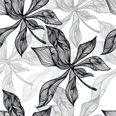 Seamless floral pattern with lines of leaves and flowers. Botanical background. The texture of the colors. Design for fabric.