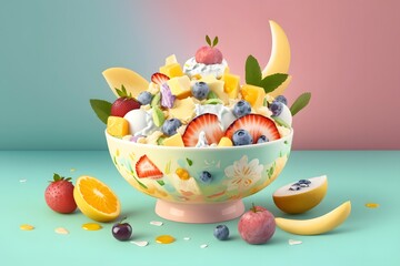 fruit salad with a pastel backdrop