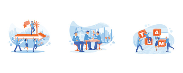 Fototapeta premium Employee Making concept. Businessman leads team to success. Shake hands after reaching a mutual agreement. Arrange the word blocks to form the word TEAM. set flat vector modern illustration 