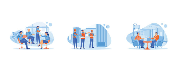 Fototapeta premium Discuss Information concept. Businessman team collaborative process. Engineer and architect work discussion plans. Bankers make recommendations and consult. set flat vector modern illustration