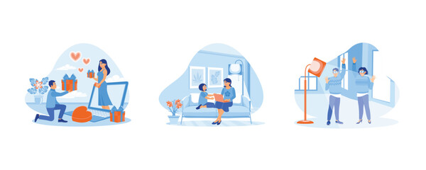 Young couples celebrate Valentine online. Mother and daughter sitting on the sofa. Young couples using virtual glasses. set flat vector modern illustration 