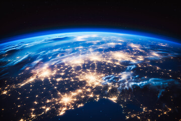 Fototapeta premium Planet earth from space with lights visible. Vision of sunrise over the earth visible from space. city lights visible on the continents.