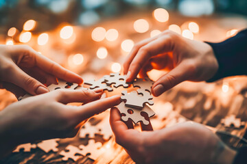 People holds in hand a jigsaw puzzle. Business solutions, success and strategy. New business ideas that, with the help of several people, are gaining traction.