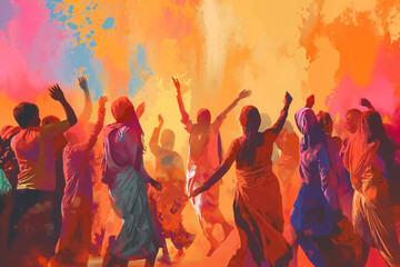 People celebrating for holi festival of color in nepal , india illustration design. They are very...