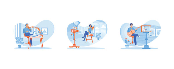 Fototapeta premium Content Creator concept. A female vlogger is recording video at home using a professional camera. Young man creates content playing guitar. set flat vector illustration.