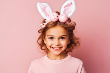 Obraz na płótnie Canvas Portrait of a little girl with bunny ears with easter eggs. Pink background. Easter child portrait, funny emotions, surprise.