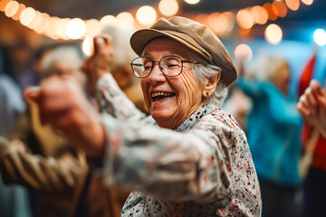 Smiley seniors dancing and having fun celebrating birthday in nursing home, elderly people enjoying a lively social activity gathering. - obrazy, fototapety, plakaty