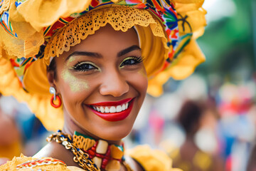 Woman's face smiling in carnival of Barranquilla, Colombia.