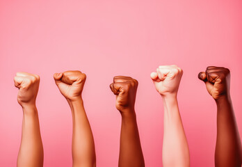Women rising fists on pink background. Only hands. The picture illustrates the equality of women in different races. - obrazy, fototapety, plakaty