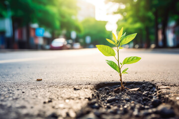 Young plant makes the way through asphalt on city road.Lust for life concept. Recovery and survival concept. Fight for a place in the sun. - obrazy, fototapety, plakaty