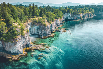 Aerial panoramic drone photograph of a rocky coast line in the pacific ocean with clear blue water and rocky cliff with trees - Powered by Adobe
