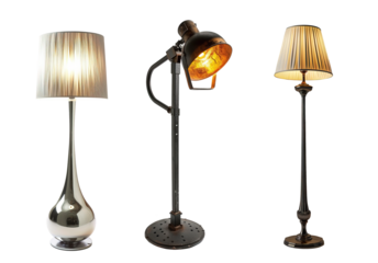 Set of contemporary floor lamps in different styles over white transparent background