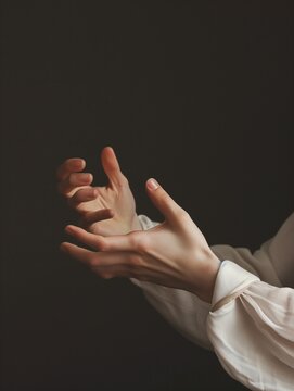 closeup illustration of the hands of a woman, romantic photograph, long thin fingers, elegant gesture, hand talk, deaf person signing in sign language, tell a story in bodily expression, buto dance