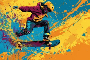 Skater in cartoon portrait on the background of paper, in the style of bold color blobs.