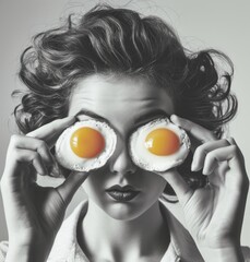 Some woman holding the fried eggs on her eyes, in the style of pop art sensibilities, black and...