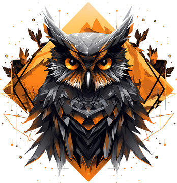 Owl from geometric shapes on transparent background, t-shirt design or sticker ready to print