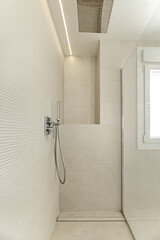 Interior of a shower cabin with a niche, chrome steel faucets