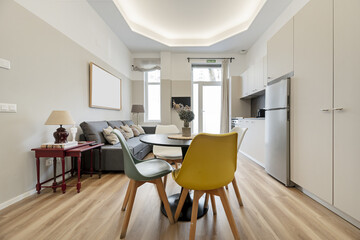 Open plan living room and kitchen of a loft apartment