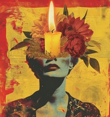 Woman with flowers and a candle on her head,
 abstract concept. Collage-based illustration.