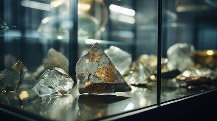 Closeup of a cracked glass display case, holding fragile artifacts from the sites past.