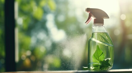 Closeup of a glass spray bottle filled with homemade vinegarbased window cleaner.