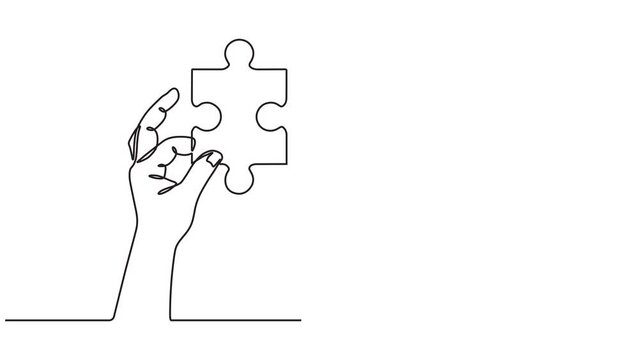 Animated video of a hand combining Puzzle pieces in a continuous line style. walking video one line style concept. 4k videos