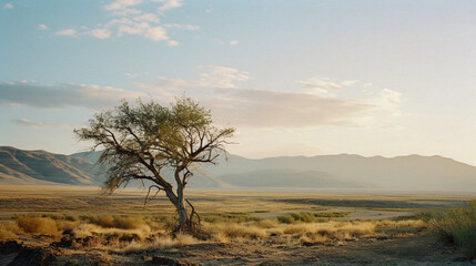 Obraz premium AI-Generated Minimalist Landscape with Tree and Mountains