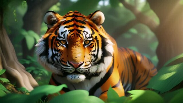 Cute Cartoon Tiger in the Jungle