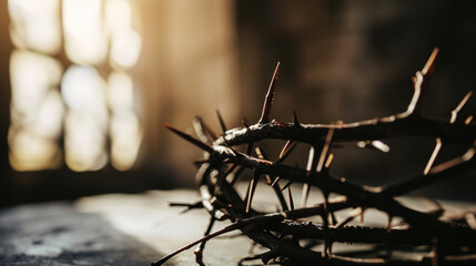 the crown of thorns of Jesus on black background. AI Generative, - obrazy, fototapety, plakaty