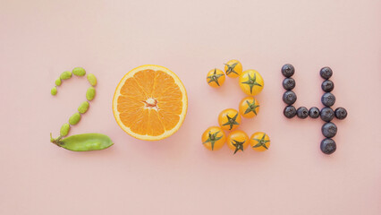 2024 made from healthy food, New year health resolution, diet goal plan and lifestyle wellness...