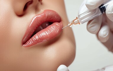 Beautician is contouring the woman's lips with hyaluronic acid filler - obrazy, fototapety, plakaty
