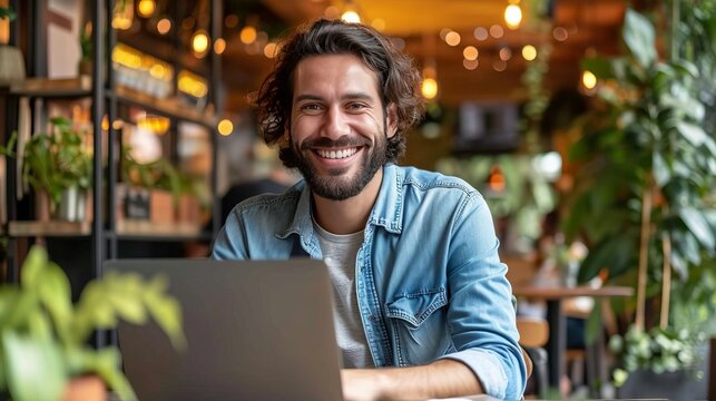 Young Man Working On Laptop At Airport Lounge, Freelancer Or Student With Computer Looking At Camera