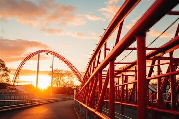 Sunset Roller Coaster Ride. Capturing the Thrilling Twists and Turns of a Roller Coaster at Sunset