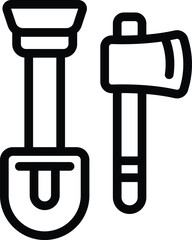 Tourism shovel and axe icon outline vector. Hiking rock. Tourist camping