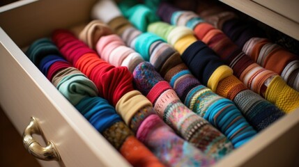 Macro shot of a drawer filled with colorful statement socks and tights.