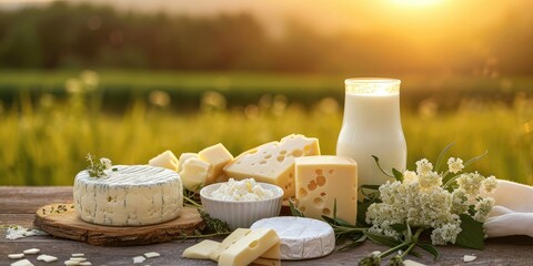 Fresh milk and several types of cheese and cottage cheese on a wooden table on a farm against a field. Sunny morning dairy farm products